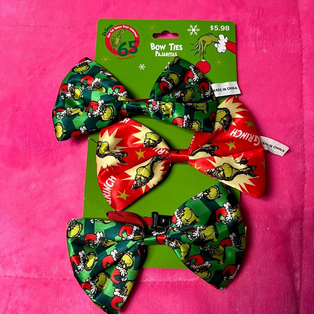 Dr Seuss The GRINCH Christmas BOWTIES Lot Set 3 Pack Red Green Holiday 65th Ann